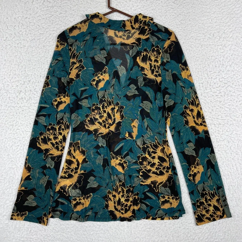 Free People Mesh Top Womens‎ Large Teal Gold Floral Ruched Front Whimsigoth Boho